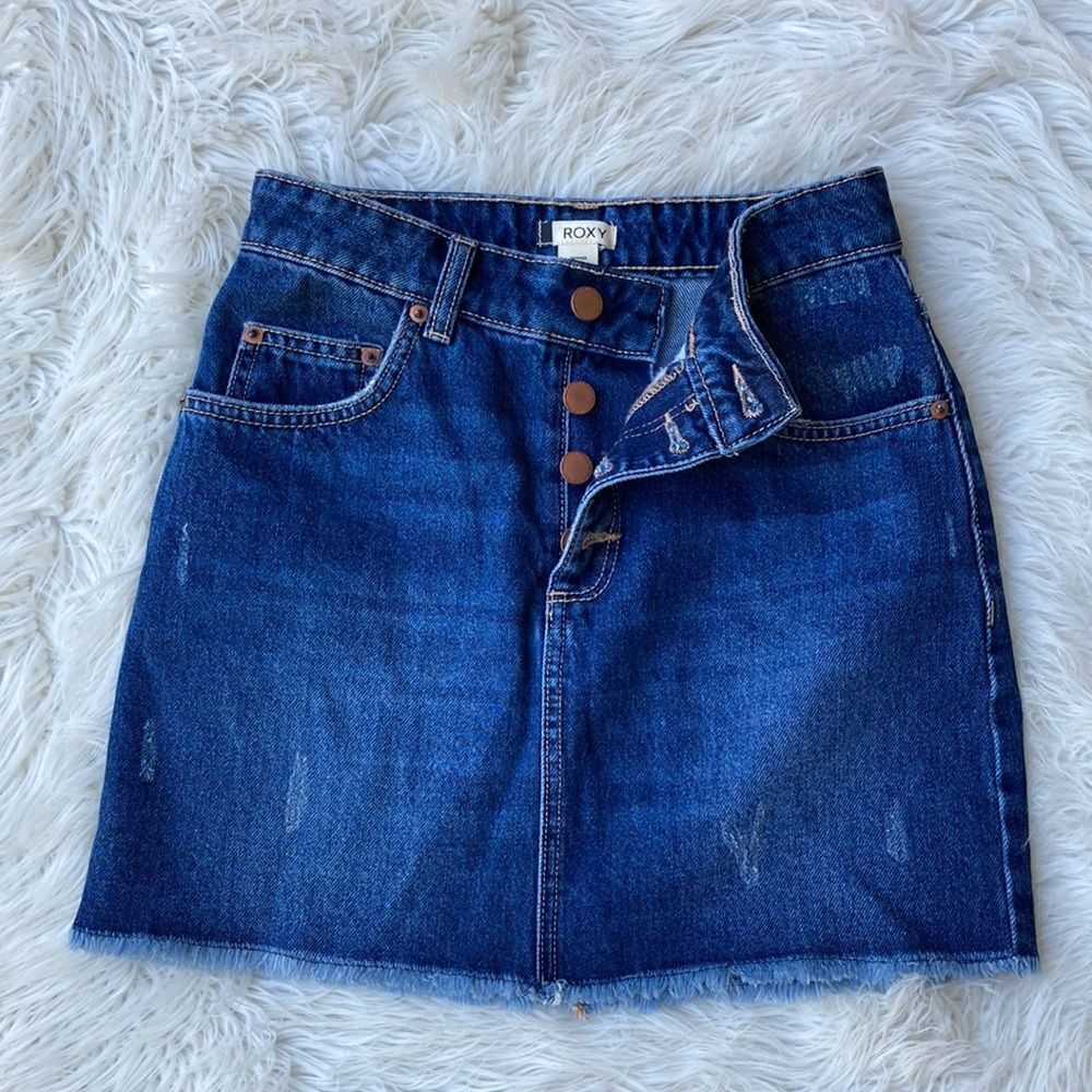 Roxy Button Fly Distressed Frayed Hem Denim Skirt Size XS